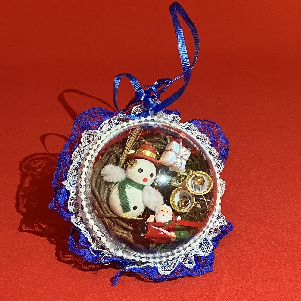 Vintage Christmas Ornament Snowman  Diorama / Plastic Globe / With Bells & Santa